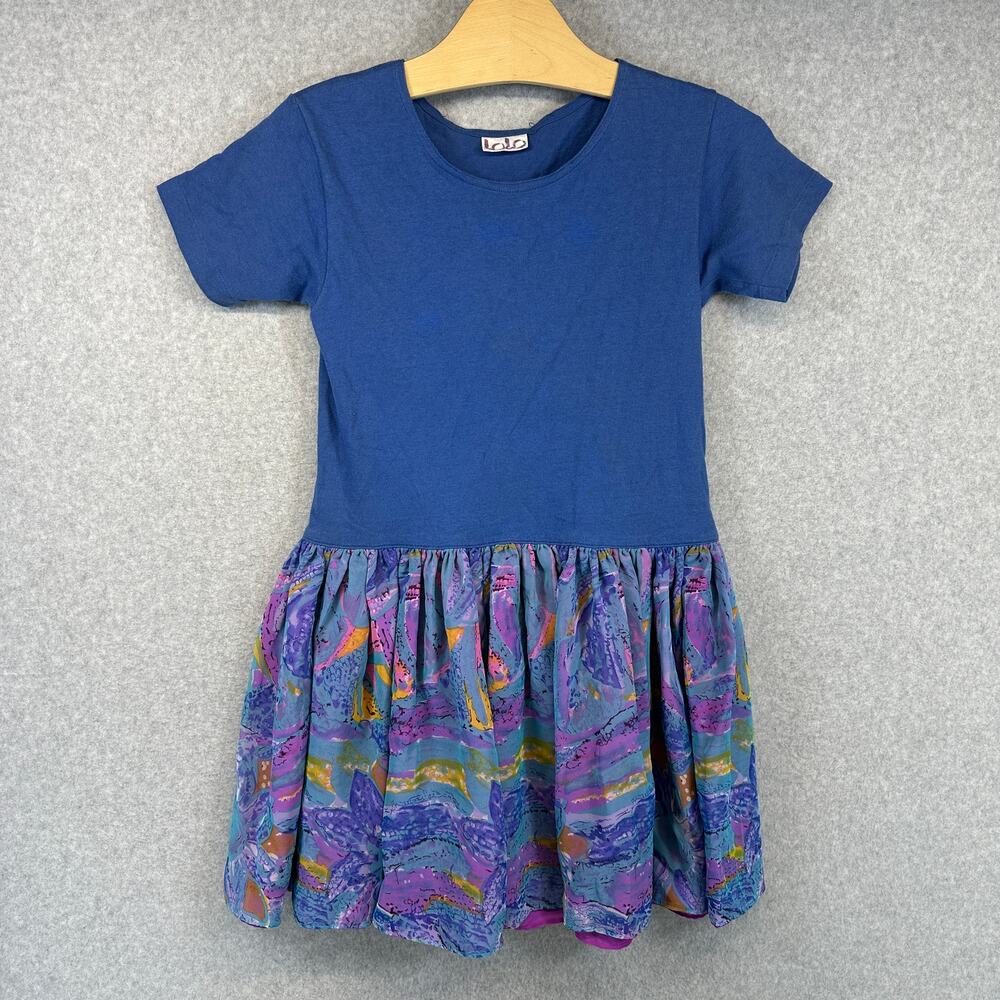 Lolo Girls Party Dress Size 6 Blue Knit Top Colorful 90s Style Magenta Lining